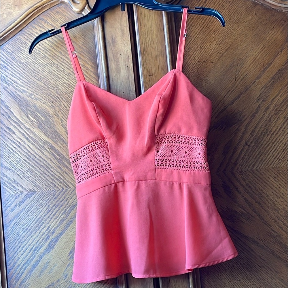 BEBE Hot Coral Lace Sides Top 00